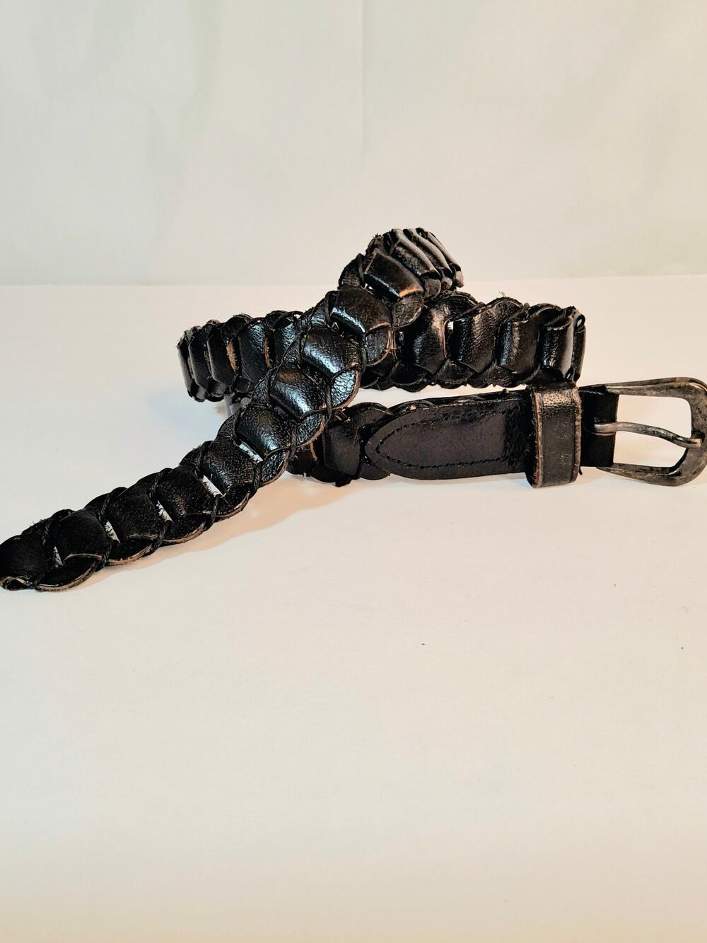 Unisex Black Woven Genuine Leather Link Belt Size Medium Classic Metal Buckle
